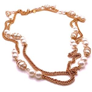 Vintage SARAH COV Gold Tone Chain And Faux Pearl Necklace 52”